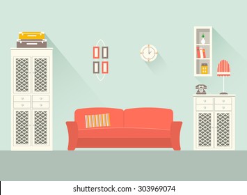 Home interior. Modern interior design of a living room for web design, print, poster, presentation, infographic. Flat design illustration. EPS 10 vector file.