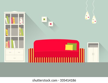 Home interior. Modern interior design of a living room for web design, print, poster, presentation, infographic. Flat design illustration. 