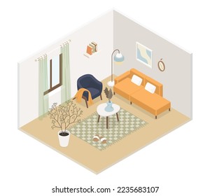 Home interior - modern vector colorful isometric illustration. Modern sofa with cushions, textile armchair, soft throw, carpet and slippers, houseplant, bookshelf and window. House decor idea