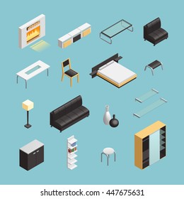 Home interior objects with coffee table and king size bed isometric icons set abstract isolated vector illustration