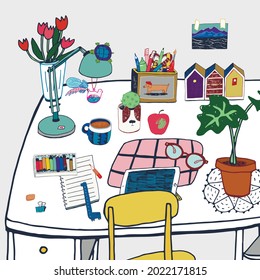 Home interior objects work home place illustrations set