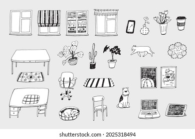 Home interior objects work home place illustrations vector set