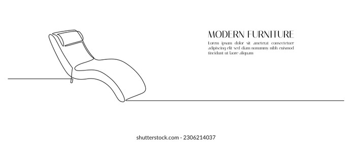 Home interior in one continuous line drawing. Modern furniture lounge armchair in simple Linear style. Editable stroke. Doodle outline vector illustration