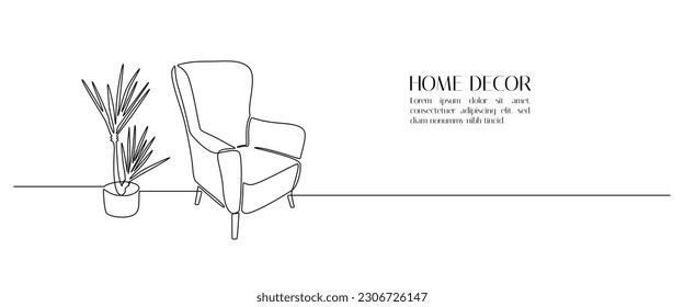 Interior en casa en un plano de línea continua. Muebles modernos sillón hogar flor de estilo lineal sencillo. Trazo editable. Ilustración del vector Doodle