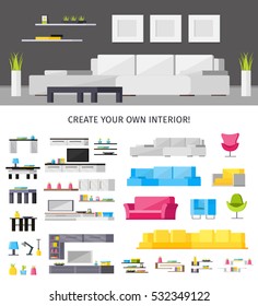 Home interior orthogonal concept with living room and set of furniture lamps and accessories isolated vector illustration