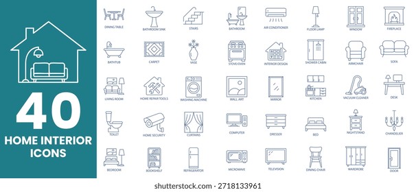 Conjunto de ícones de contorno interior da página inicial. Ícones de linha de decoração de móveis e casas. Ilustração editável do vetor de traçado