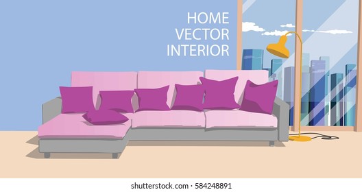 Home interior with pink sofa and big window
