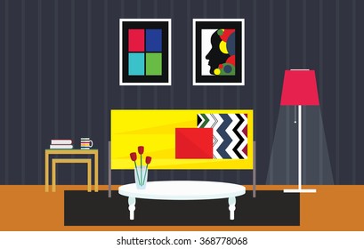 Home Interior Pop Art Decoration. Colorful Living Room Background. Sofa, Tables, Lamp, Cushions, Photo Frames Vectors.