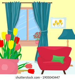 Home interior with potted flowers on the table and by the window, with a modern armchair and painting. 3d illustration. Colorful vector illustration.