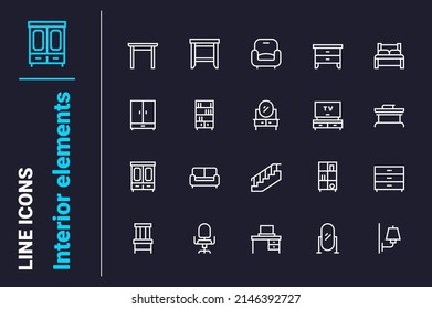 Home interior related elements icons set vector illustration. Arrange rooms in apartment line icon. Design, furniture and comfort concept