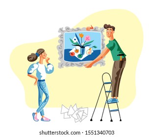 Home interior renovation flat vector illustration. Wife and husband on ladder hanging picture on wall cartoon characters. Family decorating new apartment isolated clipart. House repair design element