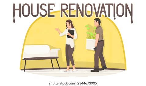 Home interior renovation, furniture relocation, plant moving, woman show place of destination, worker carries flower. Shipping, transportation service. Vector illustration.