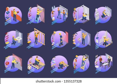 Home interior renovation. House repair isometric icons set with workers, tools and equipment symbols isolated on blue. Building icons set isometric projection. Vector flat 3d illustration.