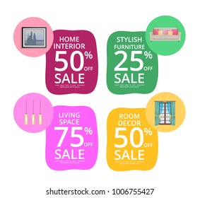 Home interior room decor living space sale banners, vector illustration with colorful advertising cards with various decor elements and promo text