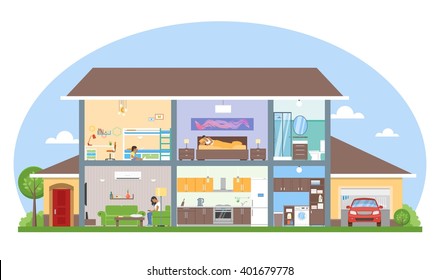 Home interior with room furniture vector illustration. Detailed modern house interior in flat style. 