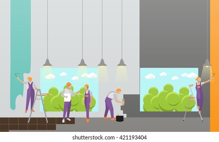 Home interior and room repair vector banner. Workers make renovation in apartment. Building under construction