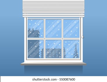 home interior . room with window. background - Christmas tree, house, silhouette. template for design. Vector illustration .