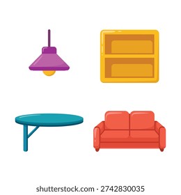 Home interior scene vector with pendant lamp, wall cabinet, round table, sofa, design conference season, furniture festival, living layout illustration