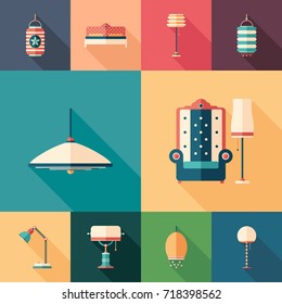 Home interior set of flat square icons with long shadows.