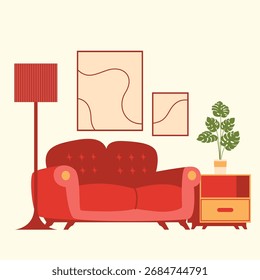 Inicio Sofá interior con lámpara de pie y arte de pared