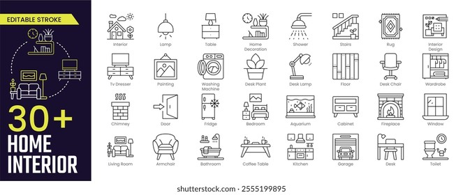 Home Interior Stroke icon collections. Containing Lamp, Interior, Home Decoration, Table, Shower, Stairs, Rug, Cabinet, Desk Lamp, and Interior Design icons. Editable Stroke icon collection Outline