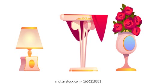 Home interior stuff set, coffee table with red cloth, lamp with lampshade and vase with rose flowers, classic style furniture and accessories isolated on white background. Cartoon vector illustration