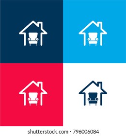 Home interior symbol of a single sofa in a house outline four color material and minimal icon logo set in red and blue