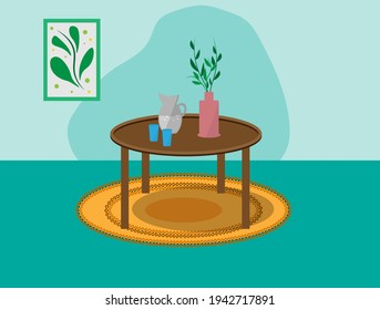 Home interior. Table, picture, rug. On the table is a vase with herbs, a jug of water and two glasses.