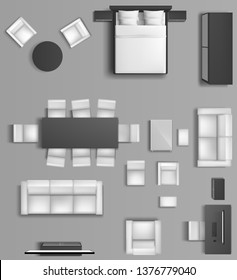Home interior top view. Modern apartment accommodation of living room and bedroom with furniture. Sofa, tv, bed, armchairs, dining table monochrome visualization plan. Realistic 3d vector illustration