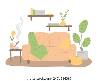 Startseite Interieur Vektorgrafik Cartoon Illustration. Gemütliches Zimmer im skandinavischen Stil 