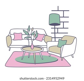 Interior en casa. Dibujo aislado del doodle vectorial. Sofá, sillón, mesa baja con vasija, lámpara, moqueta, cuadro