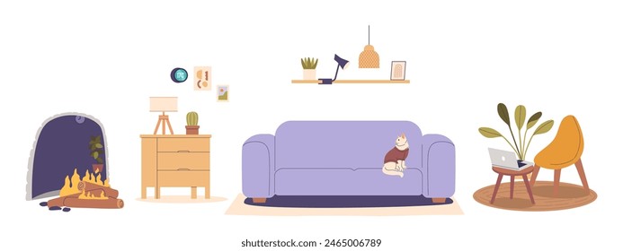 Ilustración vectorial Interior Que Representa Una Sala De Estar Con Un Sofá, Un Gato Sentado En El Sofá, Una Chimenea Con Troncos