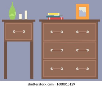 Home interior vector, isolated wooden furniture with handles and retro style. Vintage design of drawers, vase and candles, frame for photos and books