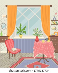 Home interior vector, living room with table and vase with flowers. Cat sleeping on armchair, window with curtains. Carpet and wooden drawers style