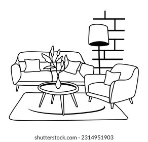 Home interior. Vector monochrome doodle isolated illustration. Sofa, armchair, coffee table with plant in vase, lamp, carpet, painting