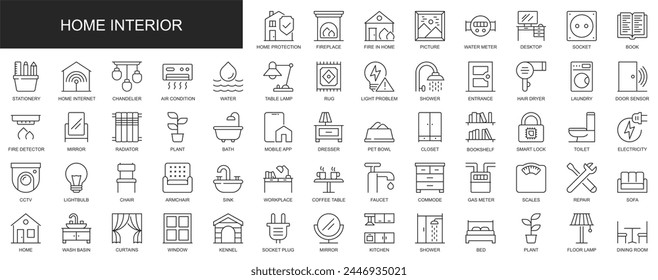 Home interior web icons set in thin line design. Pack of desktop, book, stationery, chandelier, lamp, shower, laundry, door, dresser, electricity, other outline stroke pictograms. Vector illustration.