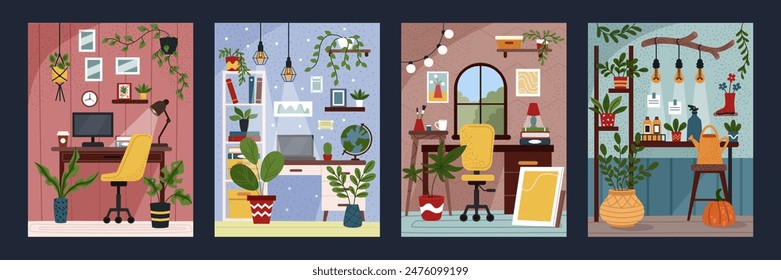 Home interior. Work room with computer desk and chair. Comfortable office furniture. Flowerpots on table. Indoor modern workplace. Green space. Cozy greenhouse furnishing. Apartments vector tidy set