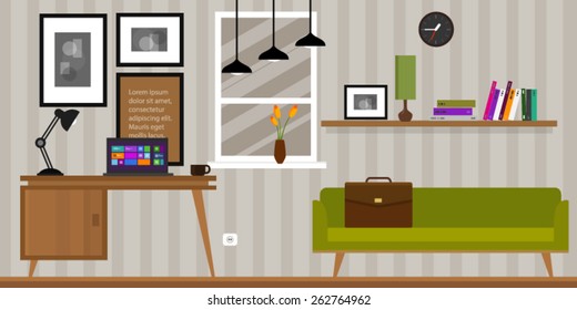 home interior work space table and sofa in flat vector illustration