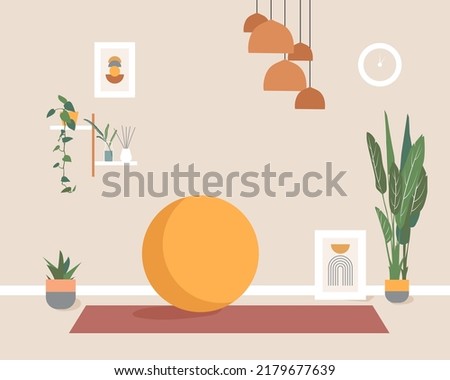 Home Interior for Yoga class, Yoga studio at Home. Flat vector illustration.	