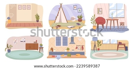 Home interiors design, flat cartoon backgrounds. Vector living room and dining room, kitchen and hall. Table and furniture, carpets on floor, window and pictures on walls
