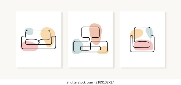 Home interiors, furniture continuous line posters.