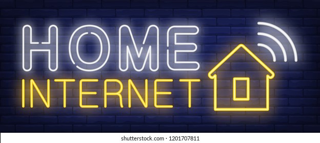 Home internet neon sign. House with wifi symbol on brick wall background. Vector illustration in neon style for communication service