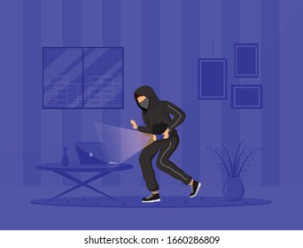 Home Invasion Flat Color Vector Illustration. House Thief. Burglar With Flashlight Breaking In Apartment At Night. Felonious Act. 2D Cartoon Characters, Interior On Background