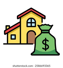 Home investment color-filled round line vector icon with editable stroke, symbolizing real estate, property finance, and home ownership.