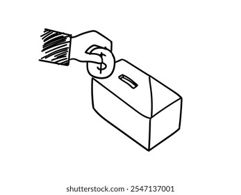 Home investment doodle icon, putting a coin on a house roof isolated on white background, House price, mortgage cost, inflation, or investment concept