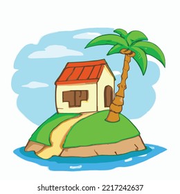 home in island cartoon drawing illustration