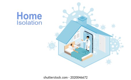 Home Isolations-Banner. Männlicher Arzt berät einen Patienten, der über ein Smartphone zu Hause bleibt. Im Zustand des Krankenhauses voller Patienten.  Quarantäne oder SelbstQuarantäne. Gesundheitswesen-Vektor 