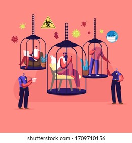 Home Isolation Concept. Characters Sitting in Cages Supervised with Police Officers during Covid19 Pandemic Quarantine. Contagious Infection Preventive Measures. Cartoon People Vector Illustration