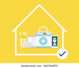 Home isolation concept: There are antigen test kid for check corona virus (COVID-19), mask, medicine, smartphone with doctor. Cartoon vector style for your design.