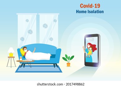 Home isolation, Covid-19 sick patient lay down on sofa online talking with family and kid on smart phone. Physical distancing, stay home,self quarantine,communication on covid-19 coronavirus pandemic.